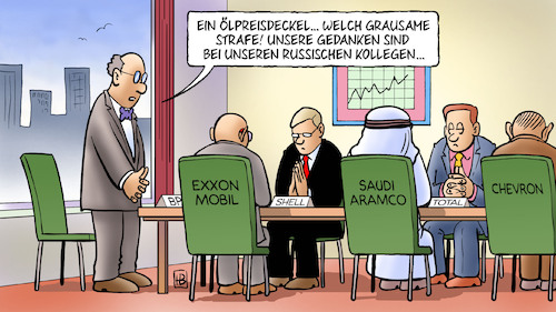 Cartoon: Ölpreisdeckel (medium) by Harm Bengen tagged ölpreisdeckel,strafe,kollegen,mineralölkonzerne,wirtschaft,beten,krieg,ukraine,russland,harm,bengen,cartoon,karikatur,ölpreisdeckel,strafe,kollegen,mineralölkonzerne,wirtschaft,beten,krieg,ukraine,russland,harm,bengen,cartoon,karikatur