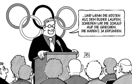 Cartoon: Olympia-Bewerbung (medium) by Harm Bengen tagged olympia,bewerbung,hamburg,pressekonferenz,sport,sportbund,berlin,kosten,ruder,schuld,griechen,erfinden,harm,bengen,cartoon,karikatur