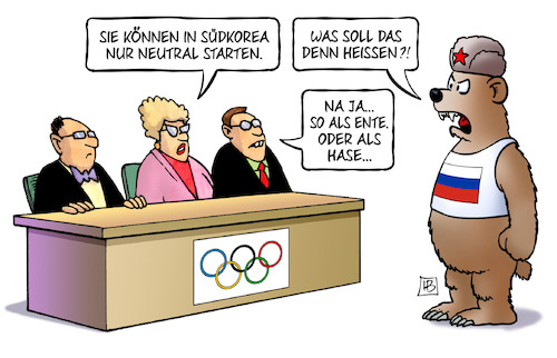 Cartoon: Olympia-Neutral (medium) by Harm Bengen tagged südkorea,wintersport,doping,sperre,ausschluss,olympiade,neutral,fussland,ioc,baer,harm,bengen,cartoon,karikatur,südkorea,wintersport,doping,sperre,ausschluss,olympiade,neutral,fussland,ioc,baer,harm,bengen,cartoon,karikatur