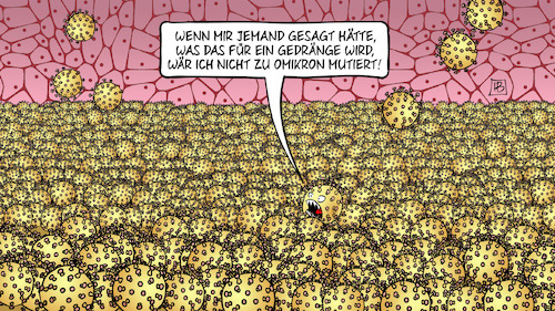 Cartoon: Omikron-Gedränge (medium) by Harm Bengen tagged gedränge,omikron,mutiert,voll,mutation,variante,virus,viren,corona,zellen,harm,bengen,cartoon,karikatur,gedränge,omikron,mutiert,voll,mutation,variante,virus,viren,corona,zellen,harm,bengen,cartoon,karikatur