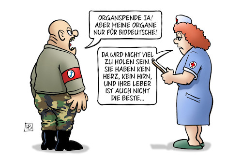 Cartoon: Organspende für Deutsche (medium) by Harm Bengen tagged organspenden,organe,biodeutsche,nazis,faschisten,afd,rechtsextremismus,herz,hirn,leber,krankenschwester,harm,bengen,cartoon,karikatur,organspenden,organe,biodeutsche,nazis,faschisten,afd,rechtsextremismus,herz,hirn,leber,krankenschwester,harm,bengen,cartoon,karikatur