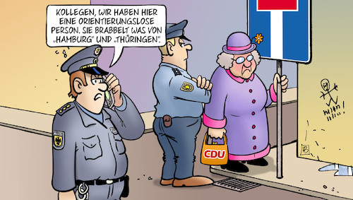 Cartoon: Orientierungslos (medium) by Harm Bengen tagged orientierungslos,cdu,wahlen,partei,führung,hamburg,thüringen,polizei,oma,sackgasse,strasse,harm,bengen,cartoon,karikatur,orientierungslos,cdu,wahlen,partei,führung,hamburg,thüringen,polizei,oma,sackgasse,strasse,harm,bengen,cartoon,karikatur