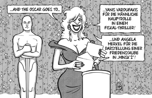 Cartoon: Oscar 2015 (medium) by Harm Bengen tagged oscar,filmpreis,hollywood,yanis,varoufakis,hauptrolle,fiskalthriller,griechenland,finanzminister,angela,merkel,darstellung,friedenstaube,minsk,friedensabkommen,friedensverhandlungen,ukraine,harm,bengen,cartoon,karikatur