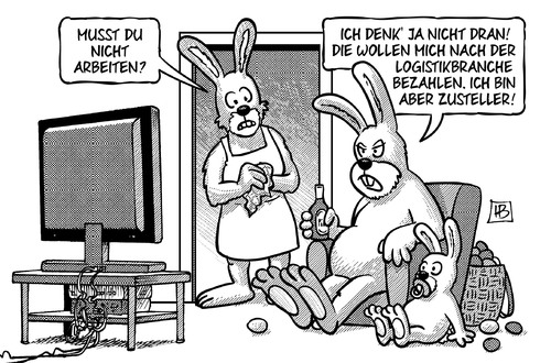 Cartoon: Oster-Zusteller (medium) by Harm Bengen tagged arbeiten,streik,logistikbranche,zusteller,amazon,dhl,post,ostern,osterhase,tv,kind,eier,fest,harm,bengen,cartoon,karikatur