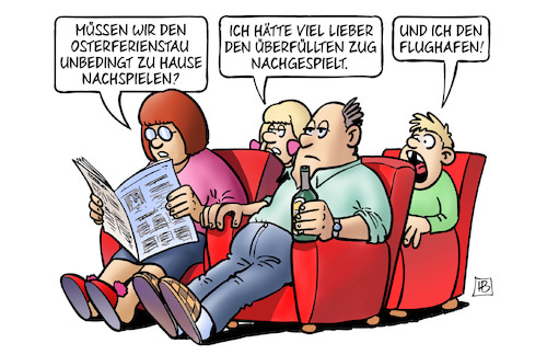 Cartoon: Osterstau (medium) by Harm Bengen tagged osterstau,osterferienstau,osterferien,nachspielen,bahn,zug,flughafen,familie,kinder,stau,harm,bengen,cartoon,karikatur,osterstau,osterferienstau,osterferien,nachspielen,bahn,zug,flughafen,familie,kinder,stau,harm,bengen,cartoon,karikatur