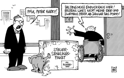 Cartoon: Paketporto (medium) by Harm Bengen tagged paketporto,paket,porto,erhöhung,wachstumsbeschleunigungsgesetz,steuer,steuererleichterung,steuersenkung,mehrwertsteuer,hotels,kinderfreibetrag,erbschaftssteuer,bundesländer,ministerpräsidenten,carstensen,finanzminister,schäuble,hund