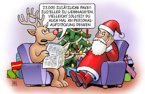 Cartoon: Paketzusteller (medium) by Harm Bengen tagged paketzusteller,weihnachten,personalaufstockung,rentier,weihnachtsmann,harm,bengen,cartoon,karikatur,paketzusteller,weihnachten,personalaufstockung,rentier,weihnachtsmann,harm,bengen,cartoon,karikatur