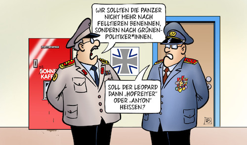 Cartoon: Panzer-Namen (medium) by Harm Bengen tagged panzer,bundeswehr,generäle,general,namen,felltiere,grüne,politiker,hofreiter,anton,leopard,waffenlieferungen,kampfpanzer,schützenpanzer,krieg,ukraine,russland,harm,bengen,cartoon,panzer,bundeswehr,generäle,general,namen,felltiere,grüne,politiker,hofreiter,anton,leopard,waffenlieferungen,kampfpanzer,schützenpanzer,krieg,ukraine,russland,harm,bengen,cartoon