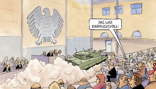 Cartoon: Panzer im Bundestag (medium) by Harm Bengen tagged eindrucksvoll,bundestag,kanzler,scholz,leopard,panzer,bundeswehr,krieg,ukraine,russland,harm,bengen,cartoon,karikatur,eindrucksvoll,bundestag,kanzler,scholz,leopard,panzer,bundeswehr,krieg,ukraine,russland,harm,bengen,cartoon,karikatur