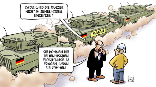 Cartoon: Panzer nach Katar (medium) by Harm Bengen tagged katar,panzer,deutschland,leopard,jemen,krieg,einsetzten,jemenitische,fluechtlinge,asyl,flucht,harm,bengen,cartoon,karikatur,katar,panzer,deutschland,leopard,jemen,krieg,einsetzten,jemenitische,fluechtlinge,asyl,flucht,harm,bengen,cartoon,karikatur