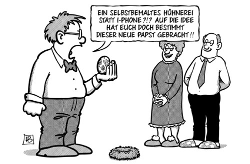 Cartoon: Papst-Idee (medium) by Harm Bengen tagged hühnerei,huhn,ei,iphone,idee,papst,franziskus,ostern,demut,armut,nest,kind,kinder,eltern,geschenke,harm,bengen,cartoon,karikatur