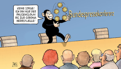 Cartoon: Pausenclown (medium) by Harm Bengen tagged sorgen,pausenclown,corona,herbstwelle,affenpocken,kundespressekonferenz,viren,jonglage,jonglieren,affe,harm,bengen,cartoon,karikatur,sorgen,pausenclown,corona,herbstwelle,affenpocken,kundespressekonferenz,viren,jonglage,jonglieren,affe,harm,bengen,cartoon,karikatur