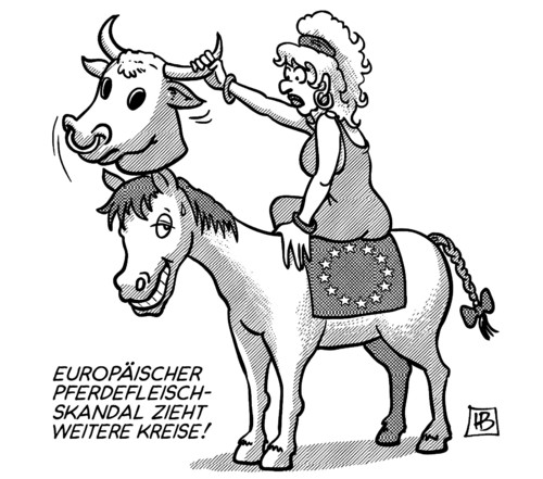 Cartoon: Pferdefleischskandal (medium) by Harm Bengen tagged pferdefleischskandal,pferdefleisch,skandal,eu,europa,landwirtschaftsminister,lebensmittelskandal,großbritannien,rumänien,fleisch,lasagne,burger,harm,bengen,cartoon,karikatur