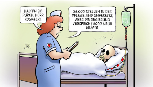 Cartoon: Pflegekräfte (medium) by Harm Bengen tagged pflegekräfte,stellen,pflegekraft,krankenhaus,krankenschwester,regierung,versprechen,skelett,tod,tot,harm,bengen,cartoon,karikatur,pflegekräfte,stellen,pflegekraft,krankenhaus,krankenschwester,regierung,versprechen,skelett,tod,tot,harm,bengen,cartoon,karikatur