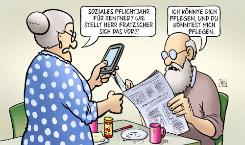 Cartoon: Pflichtjahr für Rentner (medium) by Harm Bengen tagged soziales,pflichtjahr,rentner,fratzscher,pflegen,susemil,handy,harm,bengen,cartoon,karikatur,soziales,pflichtjahr,rentner,fratzscher,pflegen,susemil,handy,harm,bengen,cartoon,karikatur
