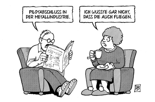 Cartoon: Pilotabschluss (medium) by Harm Bengen tagged pilotabschluss,metallindustrie,tarifrunde,gewerkschaften,streik,fliegen,harm,bengen,cartoon,karikatur