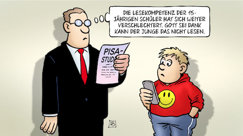 Cartoon: Pisa 2019 (medium) by Harm Bengen tagged lesekompetenz,schüler,verschlechtert,junge,lesen,kind,handy,pisastudie,schule,blidung,harm,bengen,cartoon,karikatur,lesekompetenz,schüler,verschlechtert,junge,lesen,kind,handy,pisastudie,schule,blidung,harm,bengen,cartoon,karikatur