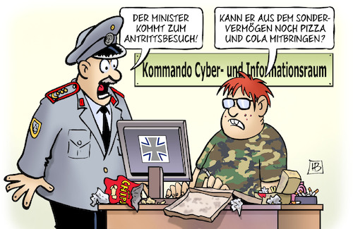 Cartoon: Pistorius und die Cyber-Truppe (medium) by Harm Bengen tagged verteidigungsminister,pistorius,cyber,truppe,antrittsbesuch,bundeswehr,computer,sondervermoegen,pizza,cola,harm,bengen,cartoon,karikatur,verteidigungsminister,pistorius,cyber,truppe,antrittsbesuch,bundeswehr,computer,sondervermoegen,pizza,cola,harm,bengen,cartoon,karikatur