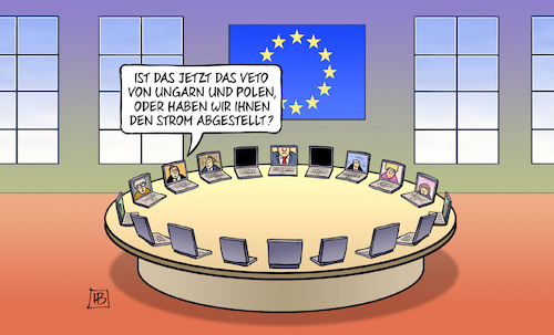 Cartoon: Polen-Ungarn-Veto (medium) by Harm Bengen tagged veto,ungarn,polen,strom,europa,eu,haushalt,coronahilfspaket,rechtsstaatsmechanismus,videokonferenz,harm,bengen,cartoon,karikatur,veto,ungarn,polen,strom,europa,eu,haushalt,coronahilfspaket,rechtsstaatsmechanismus,videokonferenz,harm,bengen,cartoon,karikatur