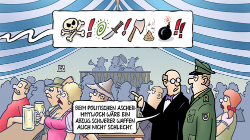 Cartoon: Politischer Aschermittwoch (medium) by Harm Bengen tagged politischer,aschermittwoch,abzug,schwerer,waffen,kritik,poebeln,beleidigungen,parteien,politik,harm,bengen,cartoon,karikatur,politischer,aschermittwoch,abzug,schwerer,waffen,kritik,poebeln,beleidigungen,parteien,politik,harm,bengen,cartoon,karikatur