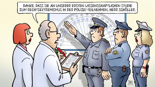 Cartoon: Polizei und Rechtsextremismus (medium) by Harm Bengen tagged wissenschaftliche,studie,rechtsextremismus,polizei,polizisten,wissenschaftler,winkelmesser,nazis,hitlergruss,harm,bengen,cartoon,karikatur,wissenschaftliche,studie,rechtsextremismus,polizei,polizisten,wissenschaftler,winkelmesser,nazis,hitlergruss,harm,bengen,cartoon,karikatur