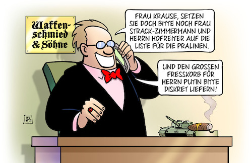 Cartoon: Pralinen von der Waffenlobby (medium) by Harm Bengen tagged strack,zimmermann,hofreiter,pralinen,fresskorb,putin,waffenschmied,rüstungsindustrie,schwere,waffen,grüne,kritik,panzer,russland,ukraine,krieg,harm,bengen,cartoon,karikatur,strack,zimmermann,hofreiter,pralinen,fresskorb,putin,waffenschmied,rüstungsindustrie,schwere,waffen,grüne,kritik,panzer,russland,ukraine,krieg,harm,bengen,cartoon,karikatur