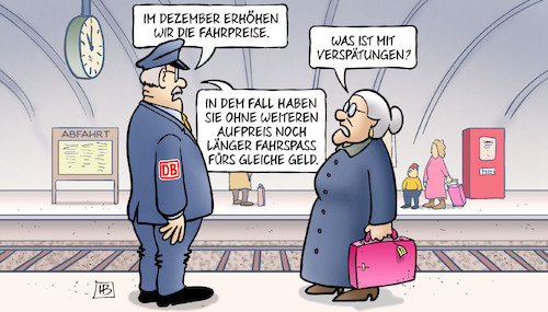 Cartoon: Preiserhöhung Bahn (medium) by Harm Bengen tagged dezember,preiserhöhung,bahn,fahrpreise,verspätungen,fahrspass,geld,bahnhof,susemil,koffer,harm,bengen,cartoon,karikatur,dezember,preiserhöhung,bahn,fahrpreise,verspätungen,fahrspass,geld,bahnhof,susemil,koffer,harm,bengen,cartoon,karikatur