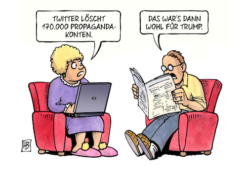 Cartoon: Propaganda-Accounts (medium) by Harm Bengen tagged twitter,löschung,propaganda,accounts,konten,trump,usa,wahlkampf,laptop,harm,bengen,cartoon,karikatur,twitter,löschung,propaganda,accounts,konten,trump,usa,wahlkampf,laptop,harm,bengen,cartoon,karikatur