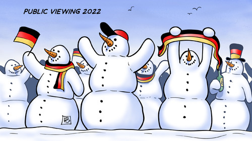 Cartoon: Public Viewing 2022 (medium) by Harm Bengen tagged public,viewing,2022,wm,weltmeisterschaft,katar,winter,sommer,verlegung,fifa,fussball,schneemann,fahne,harm,bengen,cartoon,karikatur,public,viewing,2022,wm,weltmeisterschaft,katar,winter,sommer,verlegung,fifa,fussball,schneemann,fahne,harm,bengen,cartoon,karikatur