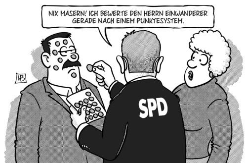 Cartoon: Punktesystem (medium) by Harm Bengen tagged masern,bewertung,einwanderer,punkte,punktesystem,oppermann,spd,einwanderungsgesetz,migration,immigration,harm,bengen,cartoon,karikatur