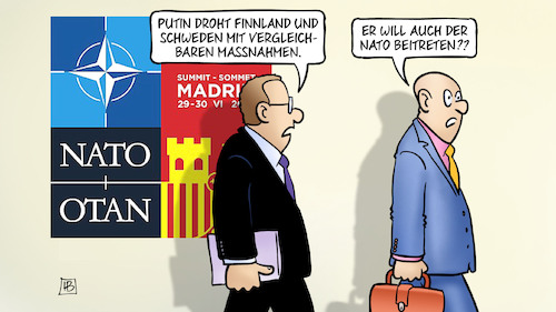 Cartoon: Putin-Schweden-Finnland (medium) by Harm Bengen tagged putin,droht,vergleichbare,massnahmen,maßnahmen,beitreten,nato,norderweiterung,schweden,finnland,aufrüstung,gipfel,madrid,krieg,ukraine,russland,harm,bengen,cartoon,karikatur,putin,droht,vergleichbare,massnahmen,maßnahmen,beitreten,nato,norderweiterung,schweden,finnland,aufrüstung,gipfel,madrid,krieg,ukraine,russland,harm,bengen,cartoon,karikatur