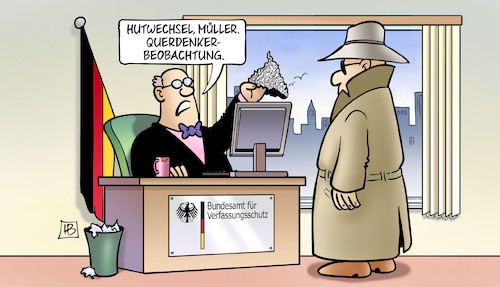 Cartoon: Querdenker-Beobachtung (medium) by Harm Bengen tagged hutwechsel,aluhut,querdenker,beobachtung,verfassungsschutz,agent,coronaleugner,corona,harm,bengen,cartoon,karikatur,hutwechsel,aluhut,querdenker,beobachtung,verfassungsschutz,agent,coronaleugner,corona,harm,bengen,cartoon,karikatur