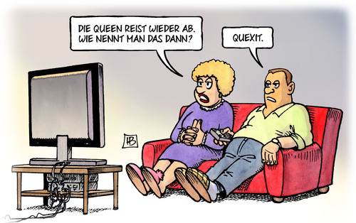 Cartoon: Quexit (medium) by Harm Bengen tagged abreise,quexit,queen,besuch,koenigin,elisabeth,harm,bengen,cartoon,karikatur,abreise,quexit,queen,besuch,koenigin,elisabeth,harm,bengen,cartoon,karikatur