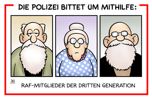 Cartoon: RAF-Fahndung (medium) by Harm Bengen tagged polizei,mithilfe,fahndung,plakat,bka,raubueberfall,raf,mitglieder,dritte,generation,terrorismus,harm,bengen,cartoon,karikatur,polizei,mithilfe,fahndung,plakat,bka,raubueberfall,raf,mitglieder,dritte,generation,terrorismus,harm,bengen,cartoon,karikatur