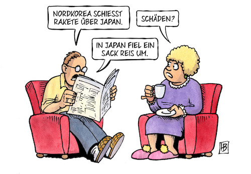 Cartoon: Rakete über Japan (medium) by Harm Bengen tagged nordkorea,rakete,japan,schäden,sack,reis,zeitung,harm,bengen,cartoon,karikatur,nordkorea,rakete,japan,schäden,sack,reis,zeitung,harm,bengen,cartoon,karikatur