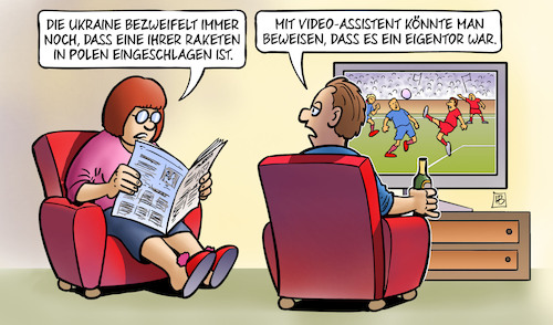 Cartoon: Raketen-Eigentor (medium) by Harm Bengen tagged raketen,polen,flugabwehr,videoassistent,assistent,eigentor,fussball,tv,krieg,ukraine,russland,harm,bengen,cartoon,karikatur,raketen,polen,flugabwehr,videoassistent,assistent,eigentor,fussball,tv,krieg,ukraine,russland,harm,bengen,cartoon,karikatur