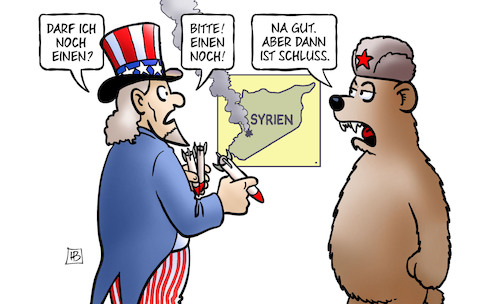 Cartoon: Raketenangriff Syrien (medium) by Harm Bengen tagged raketenangriff,syrien,usa,russland,frankreich,gb,uk,völkerrechtsbruch,krieg,giftgas,bär,uncle,sam,harm,bengen,cartoon,karikatur,raketenangriff,syrien,usa,russland,frankreich,gb,uk,völkerrechtsbruch,krieg,giftgas,bär,uncle,sam,harm,bengen,cartoon,karikatur