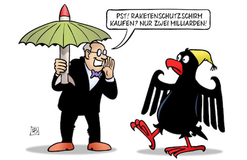 Cartoon: Raketenschutzschirm (medium) by Harm Bengen tagged raketenschutzschirm,kaufen,zwei,milliarden,rüstung,bundesadler,adler,russland,ukraine,krieg,harm,bengen,cartoon,karikatur,raketenschutzschirm,kaufen,zwei,milliarden,rüstung,bundesadler,adler,russland,ukraine,krieg,harm,bengen,cartoon,karikatur