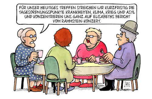 Cartoon: Rammstein (medium) by Harm Bengen tagged kaffeeklatsch,tagesordnungspunkte,krankheiten,klima,krieg,asyl,rammstein,konzert,till,lindemann,vorwürfe,musik,susemil,harm,bengen,cartoon,karikatur,kaffeeklatsch,tagesordnungspunkte,krankheiten,klima,krieg,asyl,rammstein,konzert,till,lindemann,vorwürfe,sex,musik,susemil,harm,bengen,cartoon,karikatur