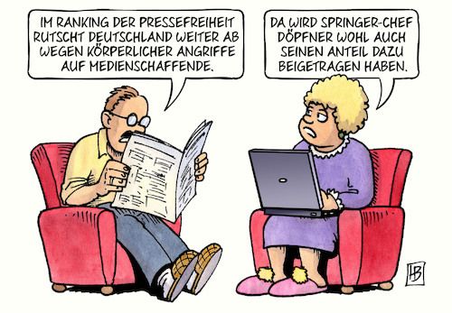 Cartoon: Ranking Pressefreiheit (medium) by Harm Bengen tagged ranking,pressefreiheit,deutschland,angriffe,medienschaffende,journalisten,springer,chef,döpfner,laptop,zeitung,harm,bengen,cartoon,karikatur,ranking,pressefreiheit,deutschland,angriffe,medienschaffende,journalisten,springer,chef,döpfner,laptop,zeitung,harm,bengen,cartoon,karikatur