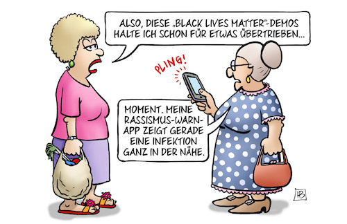 Cartoon: Rassismus-Warnung (medium) by Harm Bengen tagged george,floyd,usa,tod,polizeigewalt,black,lives,matter,demos,demonstrationen,rassismus,warn,app,infektion,corona,susemil,jutta,handy,smartphone,harm,bengen,cartoon,karikatur,george,floyd,usa,tod,polizeigewalt,black,lives,matter,demos,demonstrationen,rassismus,warn,app,infektion,corona,susemil,jutta,handy,smartphone,harm,bengen,cartoon,karikatur