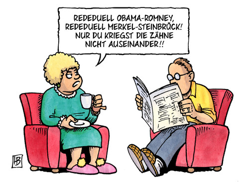 Cartoon: Rededuell (medium) by Harm Bengen tagged rededuell,obama,romney,merkel,steinbrück,zaehne,harm,bengen,cartoon,karikatur,rededuell,obama,romney,merkel,steinbrück,zaehne,harm,bengen,cartoon,karikatur