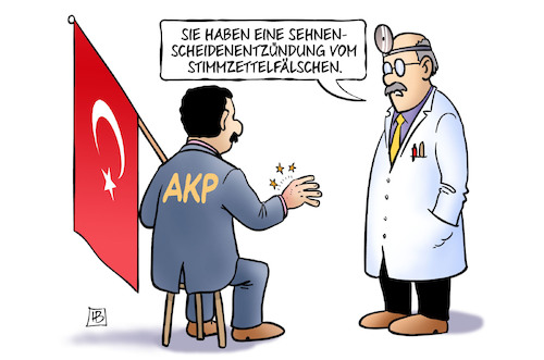 Cartoon: Referendums-Ergebnis (medium) by Harm Bengen tagged sehnenscheidenentzündung,stimmzettelfälschen,arzt,hand,türkei,referendum,ergebnis,wahl,fälschung,fahne,harm,bengen,cartoon,karikatur,sehnenscheidenentzündung,stimmzettelfälschen,arzt,hand,türkei,referendum,ergebnis,wahl,fälschung,fahne,harm,bengen,cartoon,karikatur