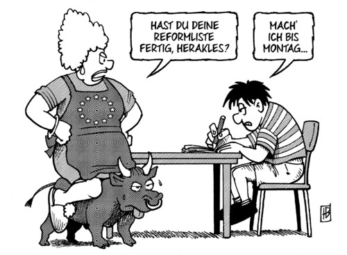 Cartoon: Reformliste (medium) by Harm Bengen tagged stier,reformliste,montag,merkel,tsipras,besuch,grexit,schulden,institutionen,hilfe,griechen,eurozone,ezb,iwf,troika,eu,euro,europa,griechenland,harm,bengen,cartoon,karikatur