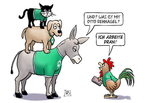 Cartoon: Rehhagel (medium) by Harm Bengen tagged otto,rehhagel,werder,bremen,bundesliga,abstieg,bremer,stadtmusikanten,handy,smartphone,harm,bengen,cartoon,karikatur,otto,rehhagel,werder,bremen,bundesliga,abstieg,bremer,stadtmusikanten,handy,smartphone,harm,bengen,cartoon,karikatur