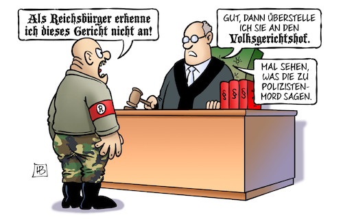 Cartoon: Reichsbürger-Urteil (medium) by Harm Bengen tagged reichsbürger,urteil,gericht,nazi,volksgerichtshof,polizistenmord,todesstrafe,harm,bengen,cartoon,karikatur,reichsbürger,urteil,gericht,nazi,volksgerichtshof,polizistenmord,todesstrafe,harm,bengen,cartoon,karikatur