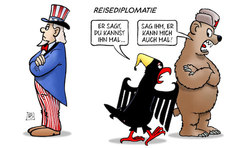 Cartoon: Reisediplomatie (medium) by Harm Bengen tagged reisediplomatie,uncle,sam,bär,usa,deutschland,adler,krieg,frieden,ukraine,russland,harm,bengen,cartoon,karikatur,reisediplomatie,uncle,sam,bär,usa,deutschland,adler,krieg,frieden,ukraine,russland,harm,bengen,cartoon,karikatur