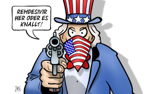 Cartoon: Remdesivir-Klau (medium) by Harm Bengen tagged remdesivir,klauen,diebstahl,überfall,pistole,corona,medikament,pandemie,usa,uncle,sam,harm,bengen,cartoon,karikatur,remdesivir,klauen,diebstahl,überfall,pistole,corona,medikament,pandemie,usa,uncle,sam,harm,bengen,cartoon,karikatur