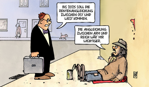 Cartoon: Rentenangleichung (medium) by Harm Bengen tagged 2025,rentenangleichung,ost,west,arm,reich,bettler,bundesregierung,nahles,harm,bengen,cartoon,karikatur,2025,rentenangleichung,ost,west,arm,reich,bettler,bundesregierung,nahles,harm,bengen,cartoon,karikatur