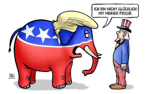 Cartoon: Republikaner-Frisur (medium) by Harm Bengen tagged usa,wahlkampf,republikaner,trump,frisur,elefant,uncle,sam,präsident,parteitag,harm,bengen,cartoon,karikatur,usa,wahlkampf,republikaner,trump,frisur,elefant,uncle,sam,präsident,parteitag,harm,bengen,cartoon,karikatur